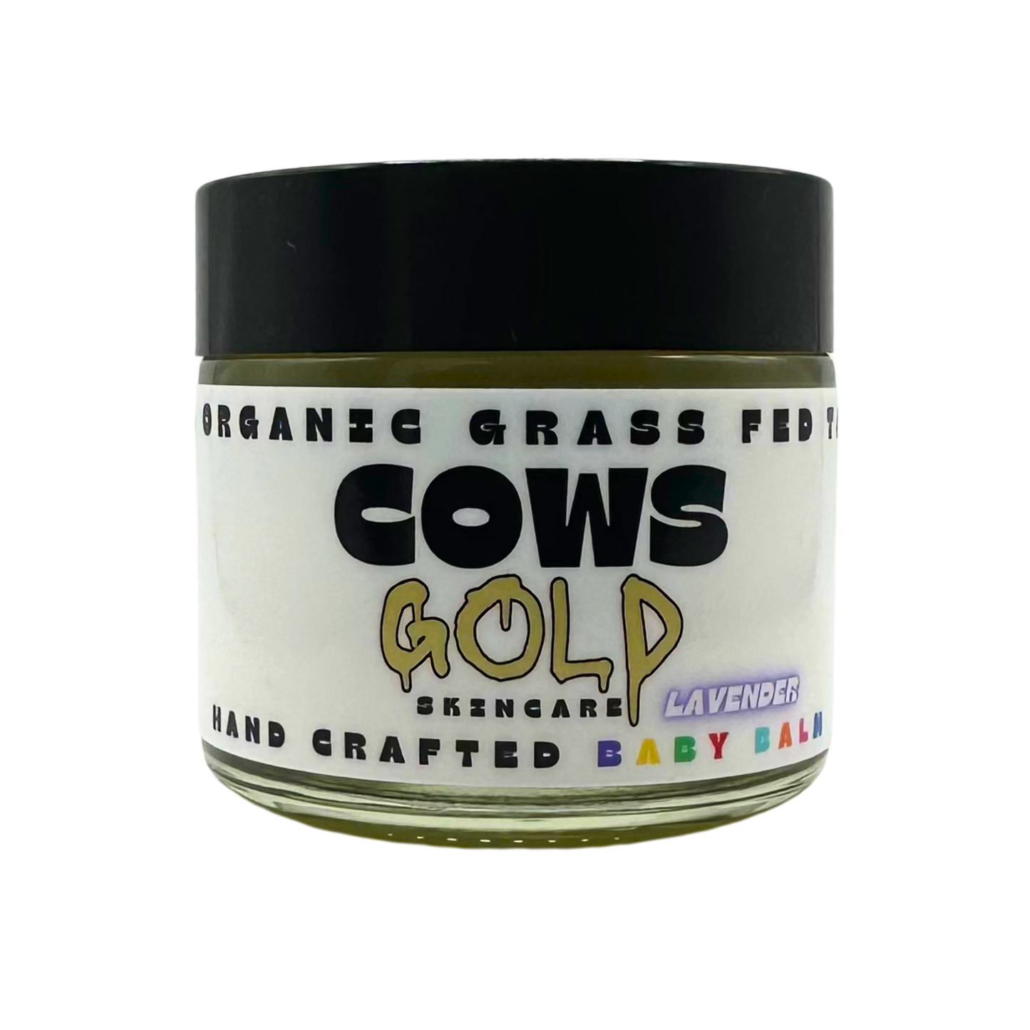 Jar of 'Cows Gold' baby balm on a white background