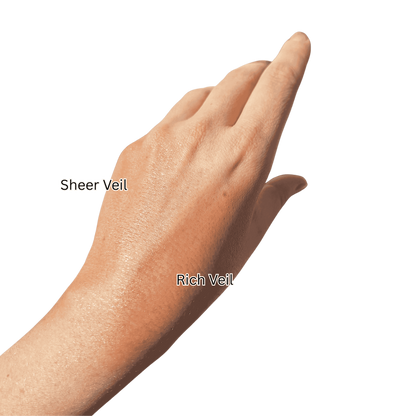 Hand with 'Sheer Veil' and 'Rich Veil' labels on a green background